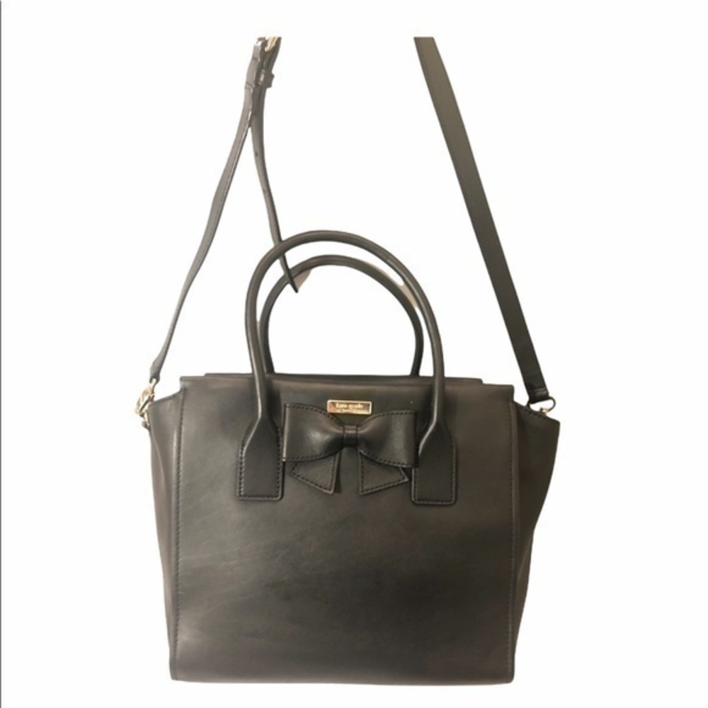 Kate spade black leather bow tote bag w/strap